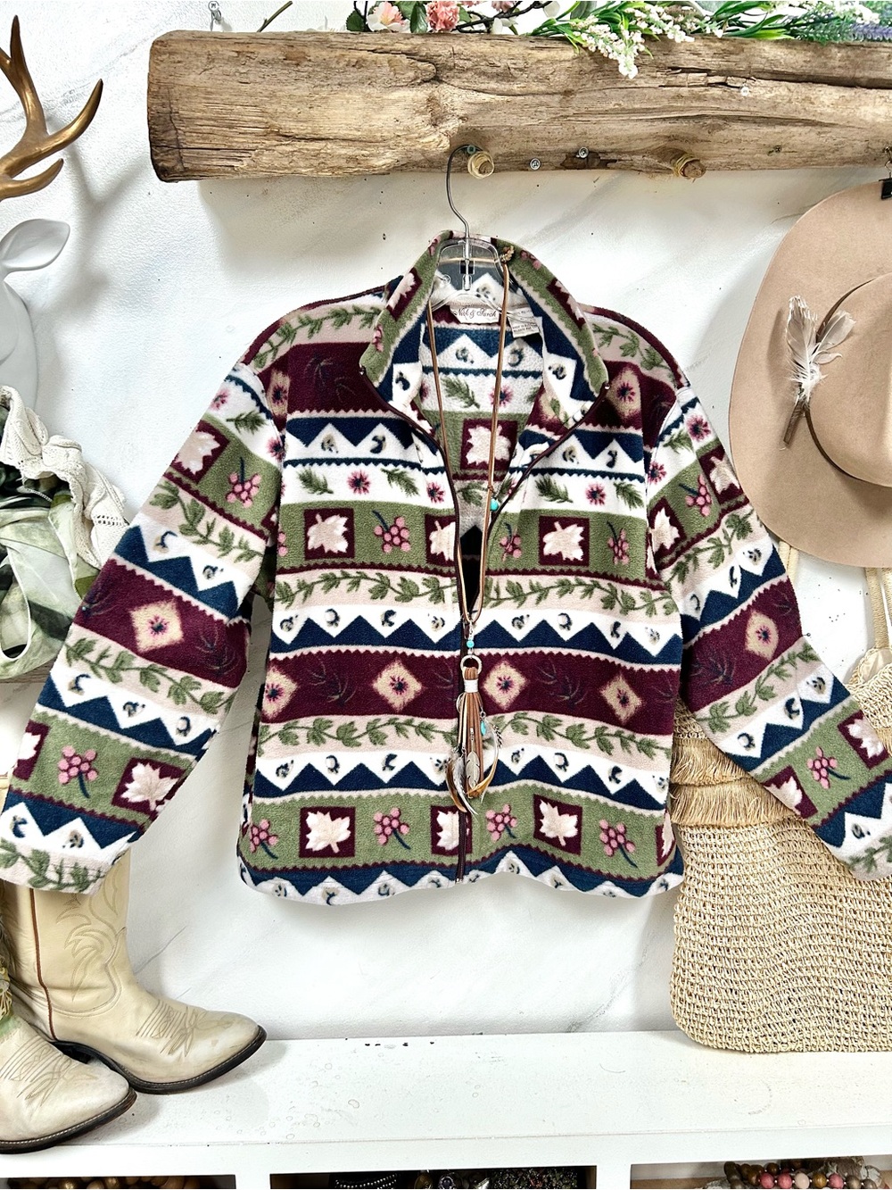 Cottagecore Aztec Pattern Fleece Jacket w country farmhouse prairie vibe